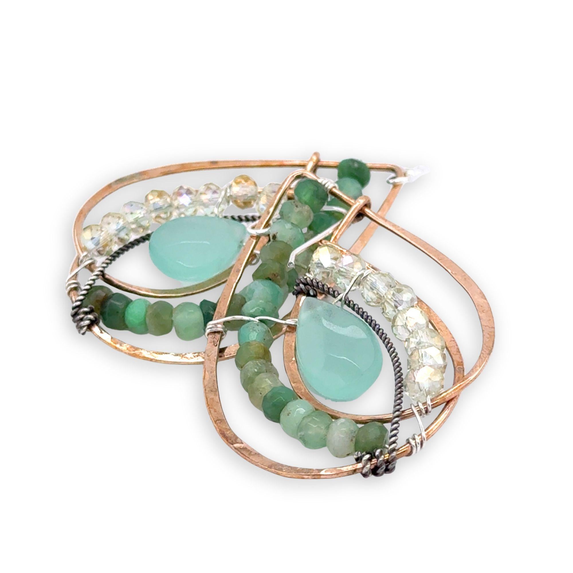 Handmade hammered bronze double drop handmade earrings line with chrysoprase and crystal gemstones and a chalcedony faceted drop 