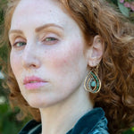 Handmade hammered bronze double drop handmade earrings line with chrysoprase and crystal gemstones and a chalcedony faceted drop 