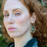 Handmade hammered bronze double drop handmade earrings line with chrysoprase and crystal gemstones and a chalcedony faceted drop 