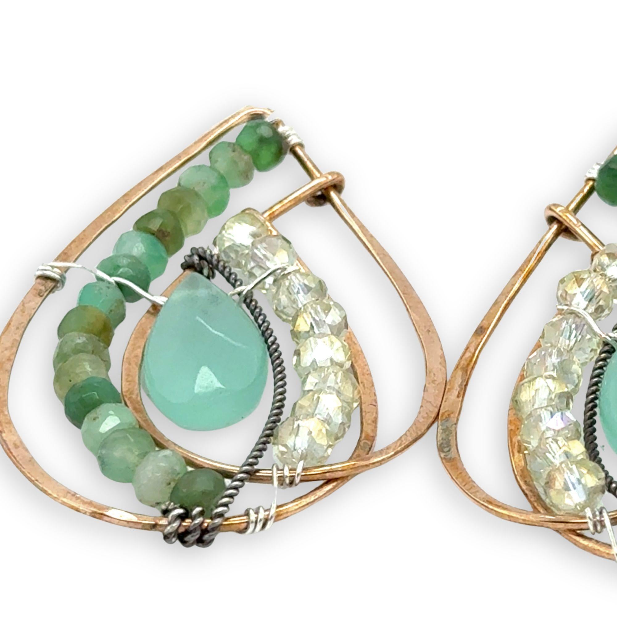 Handmade hammered bronze double drop handmade earrings line with chrysoprase and crystal gemstones and a chalcedony faceted drop 