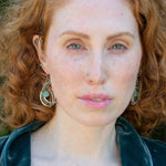 Handmade hammered bronze double drop handmade earrings line with chrysoprase and crystal gemstones and a chalcedony faceted drop 