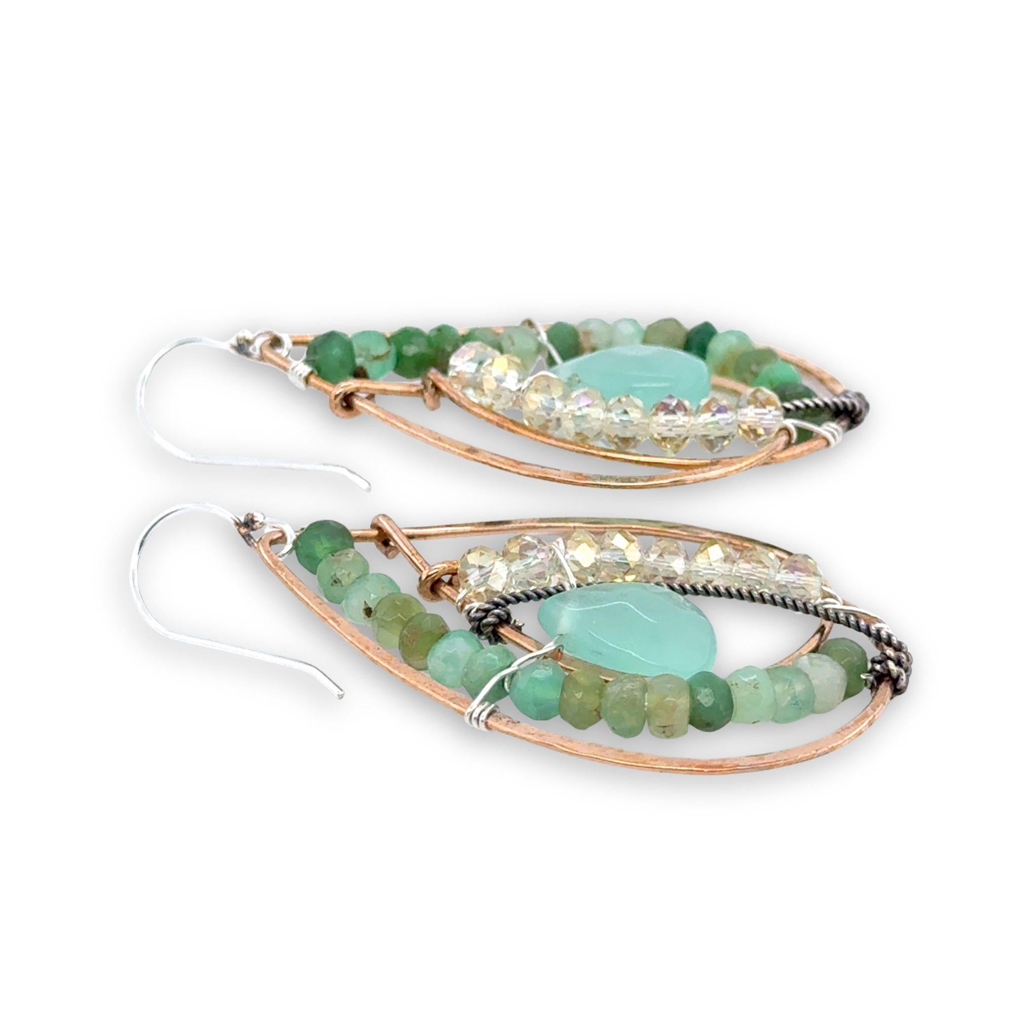 Handmade hammered bronze double drop handmade earrings line with chrysoprase and crystal gemstones and a chalcedony faceted drop 
