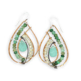 Handmade hammered bronze double drop handmade earrings line with chrysoprase and crystal gemstones and a chalcedony faceted drop 