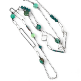 Handmade darkened sterling silver rectangle and diamond links interspersed with sparkly diamond cut links, teal crystal, and chrysoprase gemstones to form this long necklace that can be worn at any length