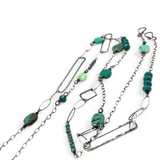 Handmade darkened sterling silver rectangle and diamond links interspersed with sparkly diamond cut links, teal crystal, and chrysoprase gemstones to form this long necklace that can be worn at any length