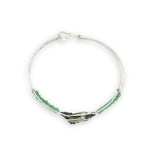 sterling silver cuff bracelet with large chrysroprase smooth nugget center surrounding by gold filled wire and green obsidian, finished off with bright chrysoprase cube gemstones