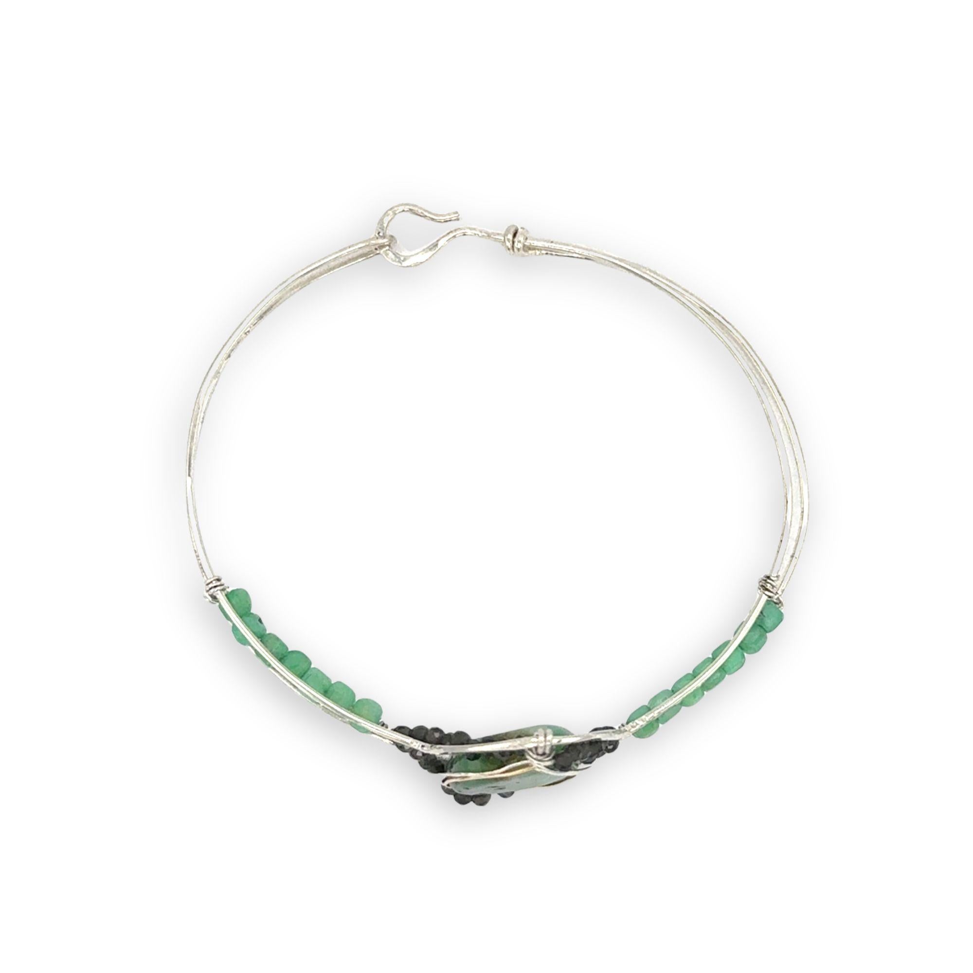 sterling silver cuff bracelet with large chrysroprase smooth nugget center surrounding by gold filled wire and green obsidian, finished off with bright chrysoprase cube gemstones