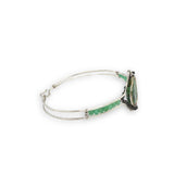 sterling silver cuff bracelet with large chrysroprase smooth nugget center surrounding by gold filled wire and green obsidian, finished off with bright chrysoprase cube gemstones