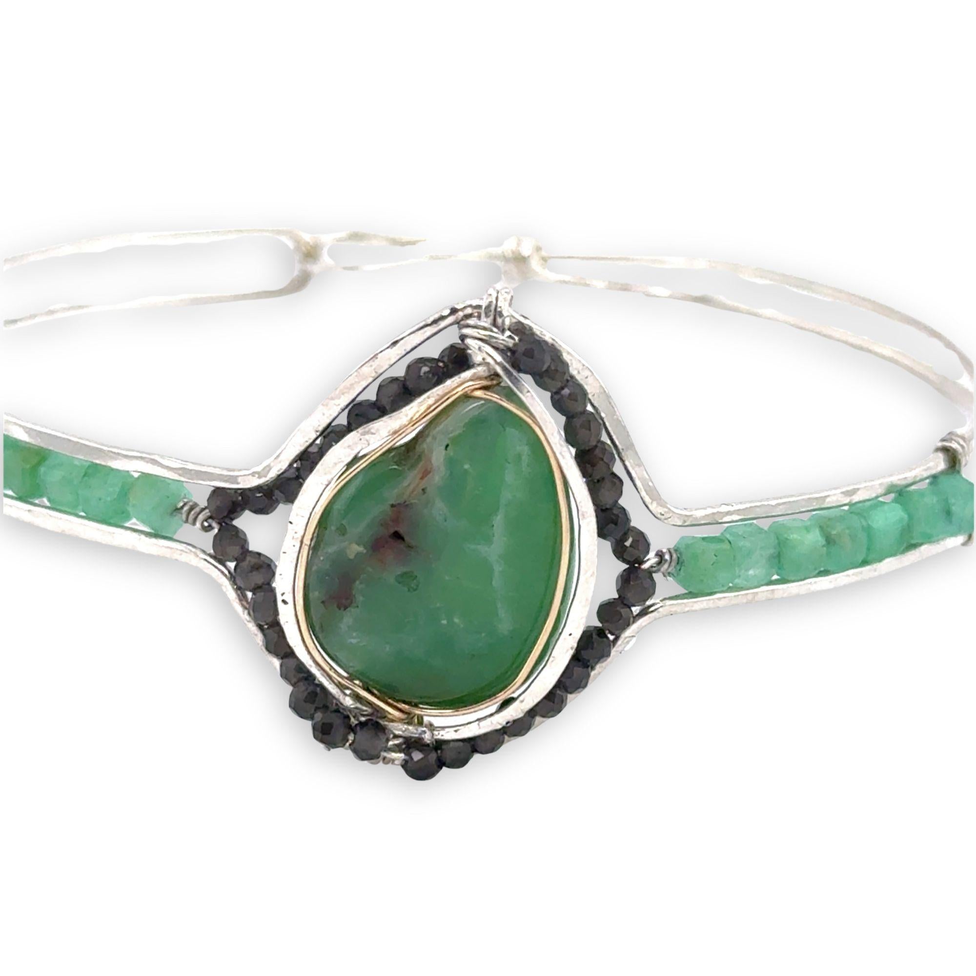 sterling silver cuff bracelet with large chrysroprase smooth nugget center surrounding by gold filled wire and green obsidian, finished off with bright chrysoprase cube gemstones