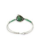 sterling silver cuff bracelet with large chrysroprase smooth nugget center surrounding by gold filled wire and green obsidian, finished off with bright chrysoprase cube gemstones