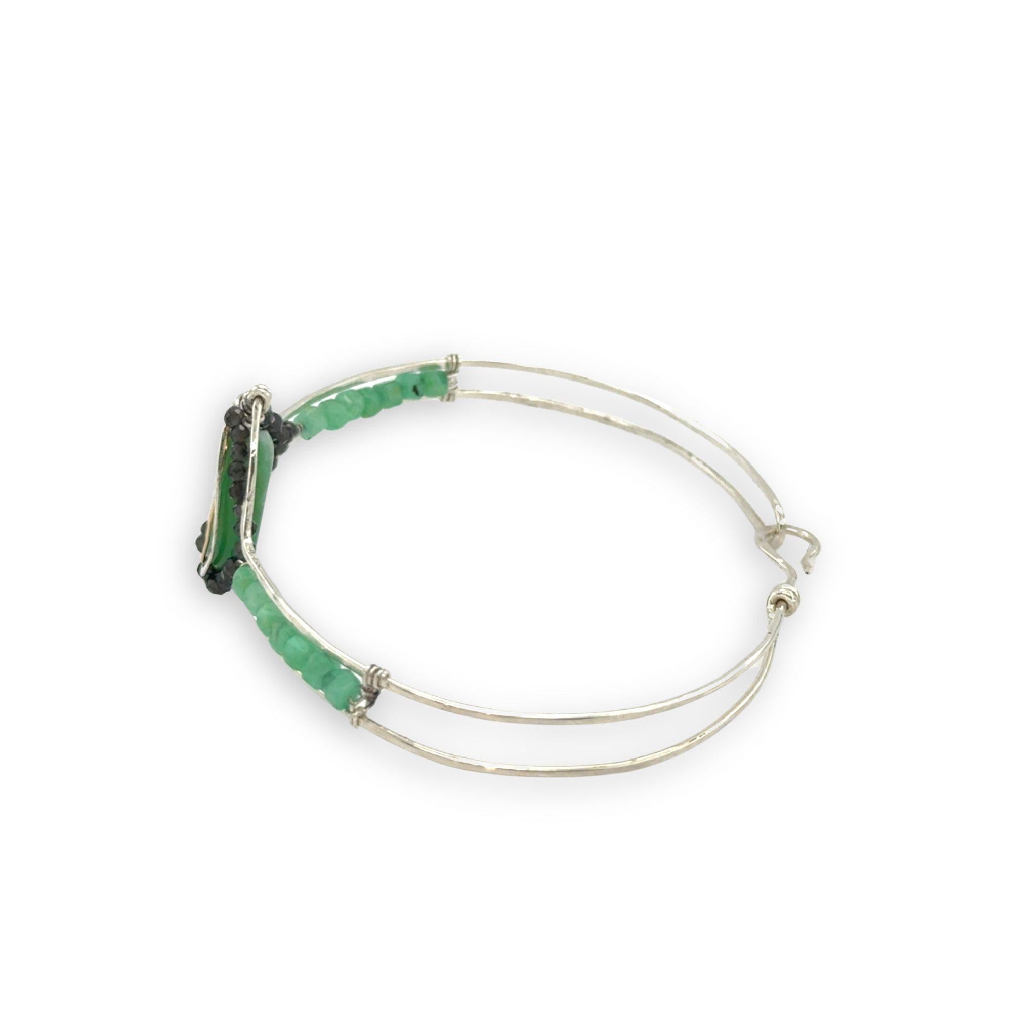 sterling silver cuff bracelet with large chrysroprase smooth nugget center surrounding by gold filled wire and green obsidian, finished off with bright chrysoprase cube gemstones