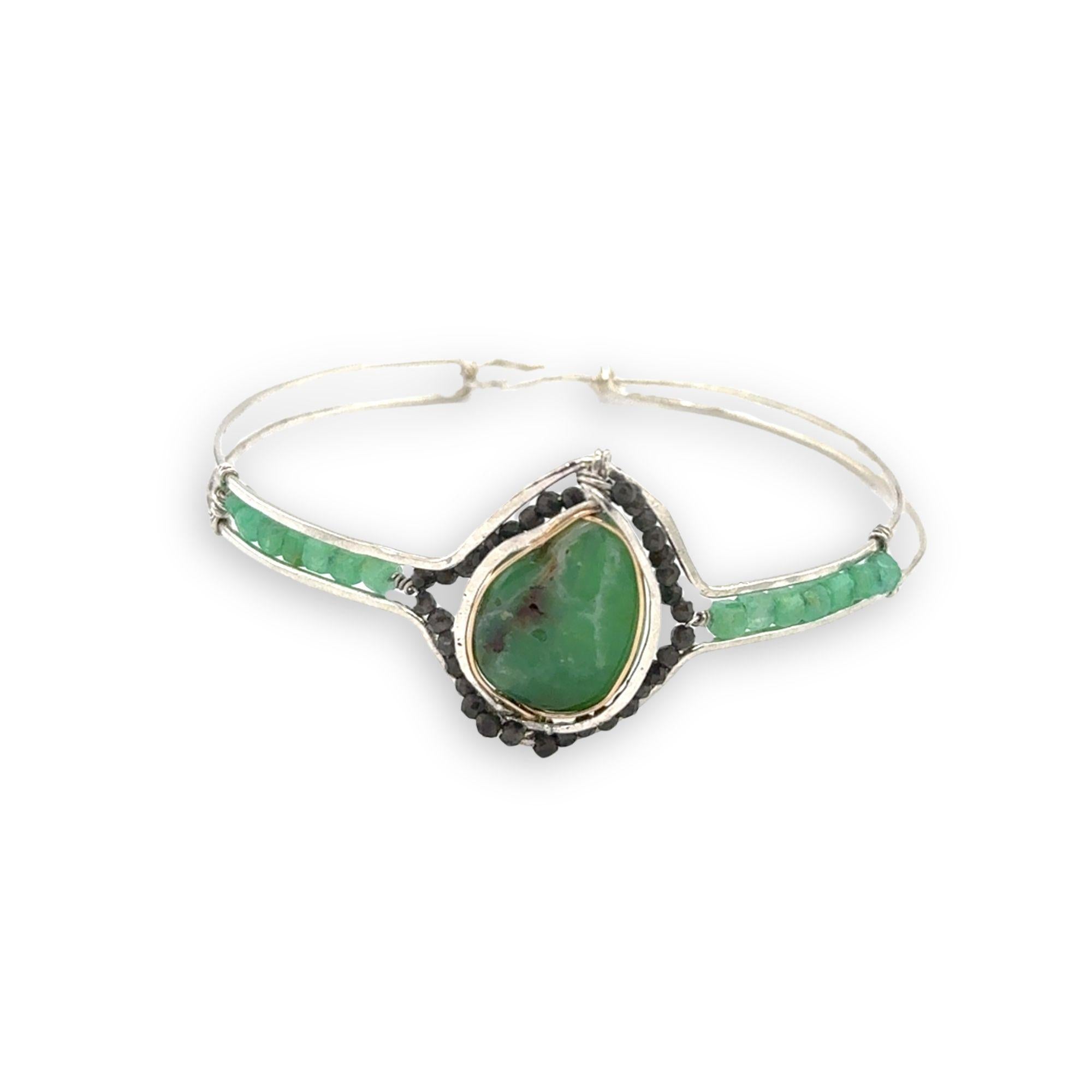 sterling silver cuff bracelet with large chrysroprase smooth nugget center surrounding by gold filled wire and green obsidian, finished off with bright chrysoprase cube gemstones