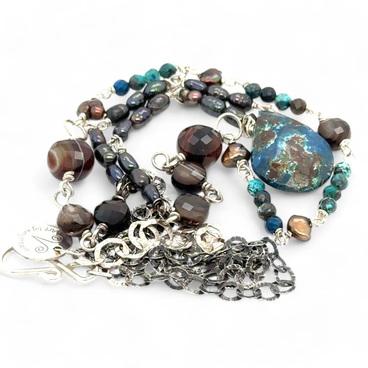 double strand darkened sterling silver necklace with chrysocolla, chocolate fresh water pearl, striped brown agate, and a chrysocolla faceted gemstone drop