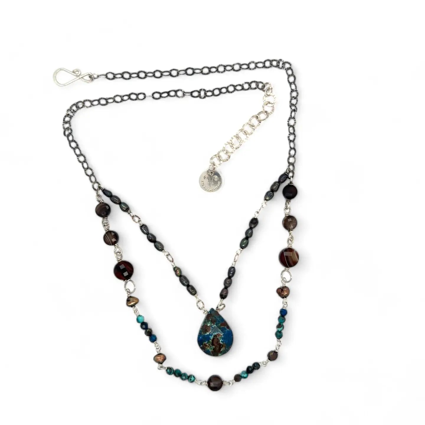 double strand darkened sterling silver necklace with chrysocolla, chocolate fresh water pearl, striped brown agate, and a chrysocolla faceted gemstone drop