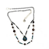 double strand darkened sterling silver necklace with chrysocolla, chocolate fresh water pearl, striped brown agate, and a chrysocolla faceted gemstone drop