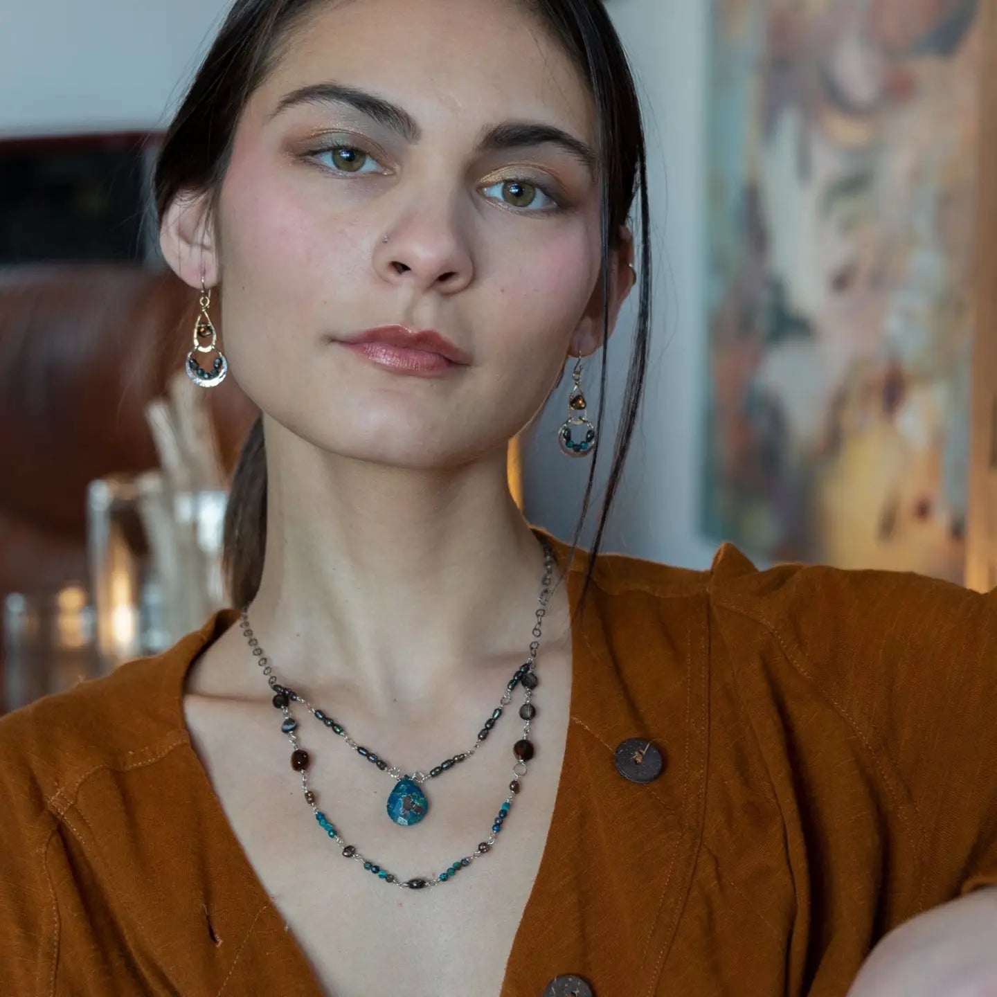double strand darkened sterling silver necklace with chrysocolla, chocolate fresh water pearl, striped brown agate, and a chrysocolla faceted gemstone drop