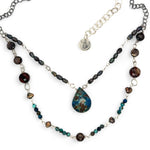 double strand darkened sterling silver necklace with chrysocolla, chocolate fresh water pearl, striped brown agate, and a chrysocolla faceted gemstone drop