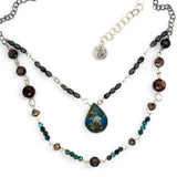 double strand darkened sterling silver necklace with chrysocolla, chocolate fresh water pearl, striped brown agate, and a chrysocolla faceted gemstone drop