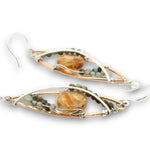 Bronze textured marquise earrings with citrine coin, turquoise, and prehnite gemstones on sterling silver wire