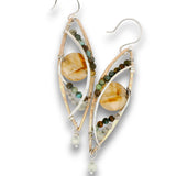 Bronze textured marquise earrings with citrine coin, turquoise, and prehnite gemstones on sterling silver wire