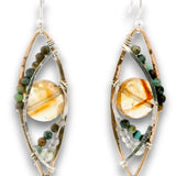 Bronze textured marquise earrings with citrine coin, turquoise, and prehnite gemstones on sterling silver wire