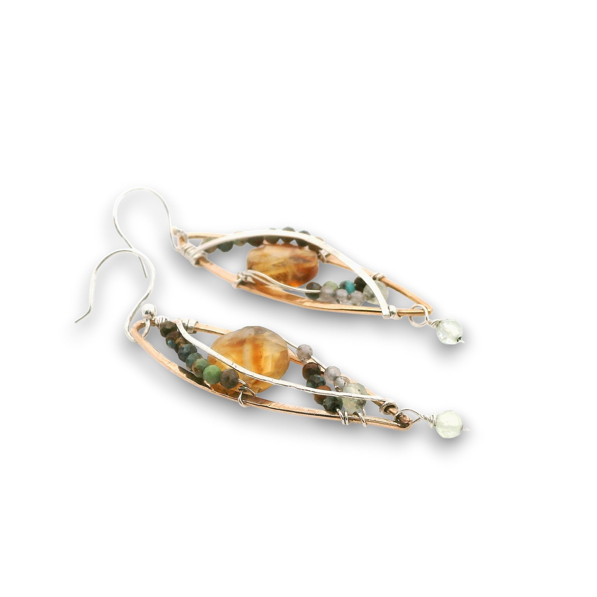 Bronze textured marquise earrings with citrine coin, turquoise, and prehnite gemstones on sterling silver wire