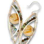 Bronze textured marquise earrings with citrine coin, turquoise, and prehnite gemstones on sterling silver wire