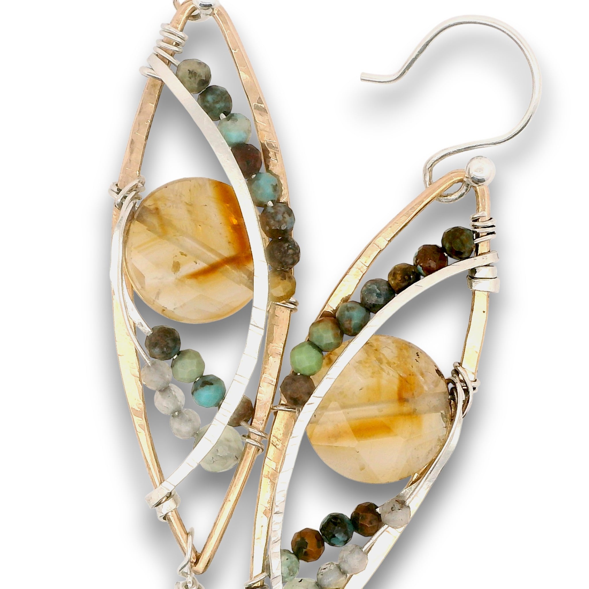 Bronze textured marquise earrings with citrine coin, turquoise, and prehnite gemstones on sterling silver wire