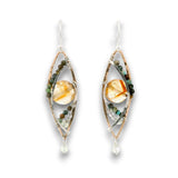 Bronze textured marquise earrings with citrine coin, turquoise, and prehnite gemstones on sterling silver wire