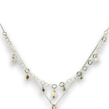 a double layered necklace, the first layer with a Bronze marquise pendant embellished with a faceted citrine coin, prehnite, and turquoise gemstones on sterling silver wire, and the second layer with delicate gemstone charms