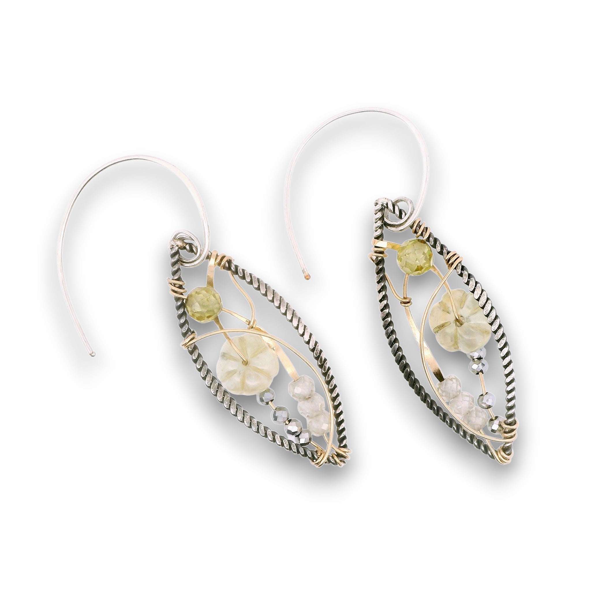darkened sterling silver twisted wire marquise shaped earrings embellished with citrine carved flowers, prehnite, cubic zirconia, and crystal gemstones on gold filled wire, on sterling silver mini hoops