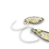 darkened sterling silver twisted wire marquise shaped earrings embellished with citrine carved flowers, prehnite, cubic zirconia, and crystal gemstones on gold filled wire, on sterling silver mini hoops