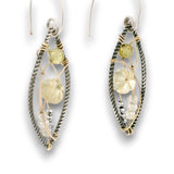 darkened sterling silver twisted wire marquise shaped earrings embellished with citrine carved flowers, prehnite, cubic zirconia, and crystal gemstones on gold filled wire, on sterling silver mini hoops