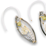 darkened sterling silver twisted wire marquise shaped earrings embellished with citrine carved flowers, prehnite, cubic zirconia, and crystal gemstones on gold filled wire, on sterling silver mini hoops