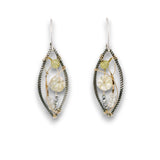 darkened sterling silver twisted wire marquise shaped earrings embellished with citrine carved flowers, prehnite, cubic zirconia, and crystal gemstones on gold filled wire, on sterling silver mini hoops