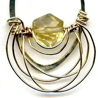 Mini sterling silver hammered oval earrings with a citrine hexagon gemstones wrapped in layers of gold filled wire