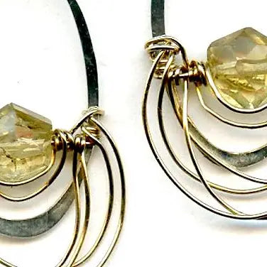 Mini sterling silver hammered oval earrings with a citrine hexagon gemstones wrapped in layers of gold filled wire