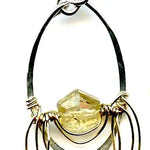 Mini sterling silver hammered oval earrings with a citrine hexagon gemstones wrapped in layers of gold filled wire