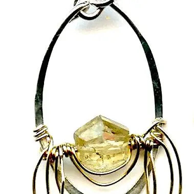 Mini sterling silver hammered oval earrings with a citrine hexagon gemstones wrapped in layers of gold filled wire