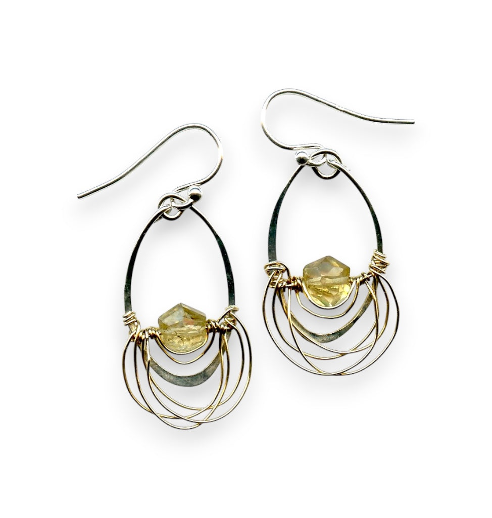 Mini sterling silver hammered oval earrings with a citrine hexagon gemstones wrapped in layers of gold filled wire