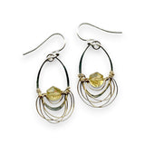 Mini sterling silver hammered oval earrings with a citrine hexagon gemstones wrapped in layers of gold filled wire