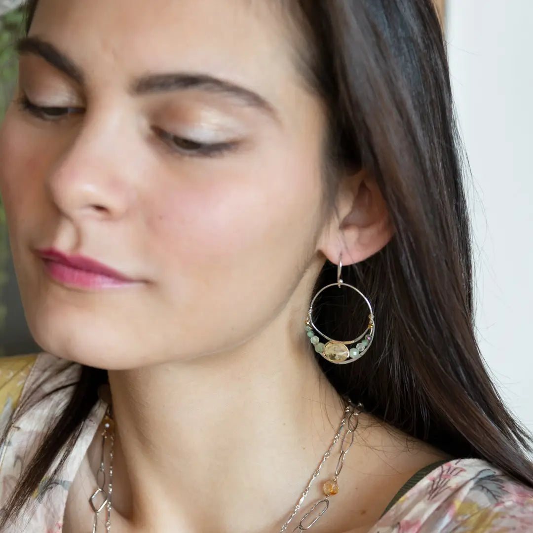 handmade hammered sterling silver moon hoop earrings with a channel with with citrine, prehnite, labradorite and crystal gemstones