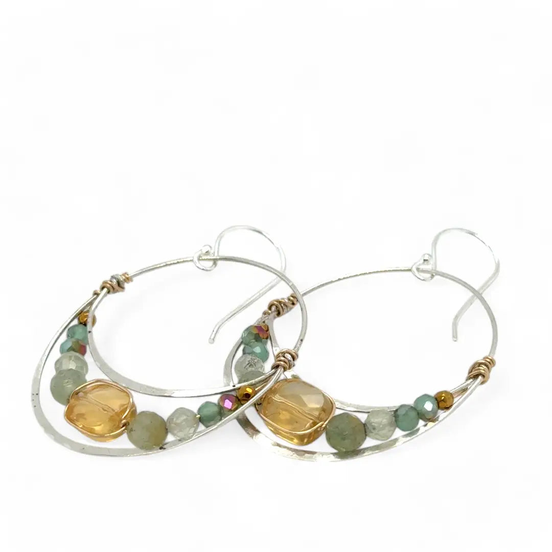 handmade hammered sterling silver moon hoop earrings with a channel with with citrine, prehnite, labradorite and crystal gemstones