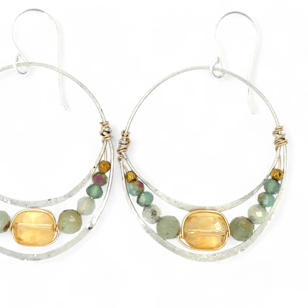 handmade hammered sterling silver moon hoop earrings with a channel with with citrine, prehnite, labradorite and crystal gemstones