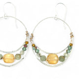 handmade hammered sterling silver moon hoop earrings with a channel with with citrine, prehnite, labradorite and crystal gemstones