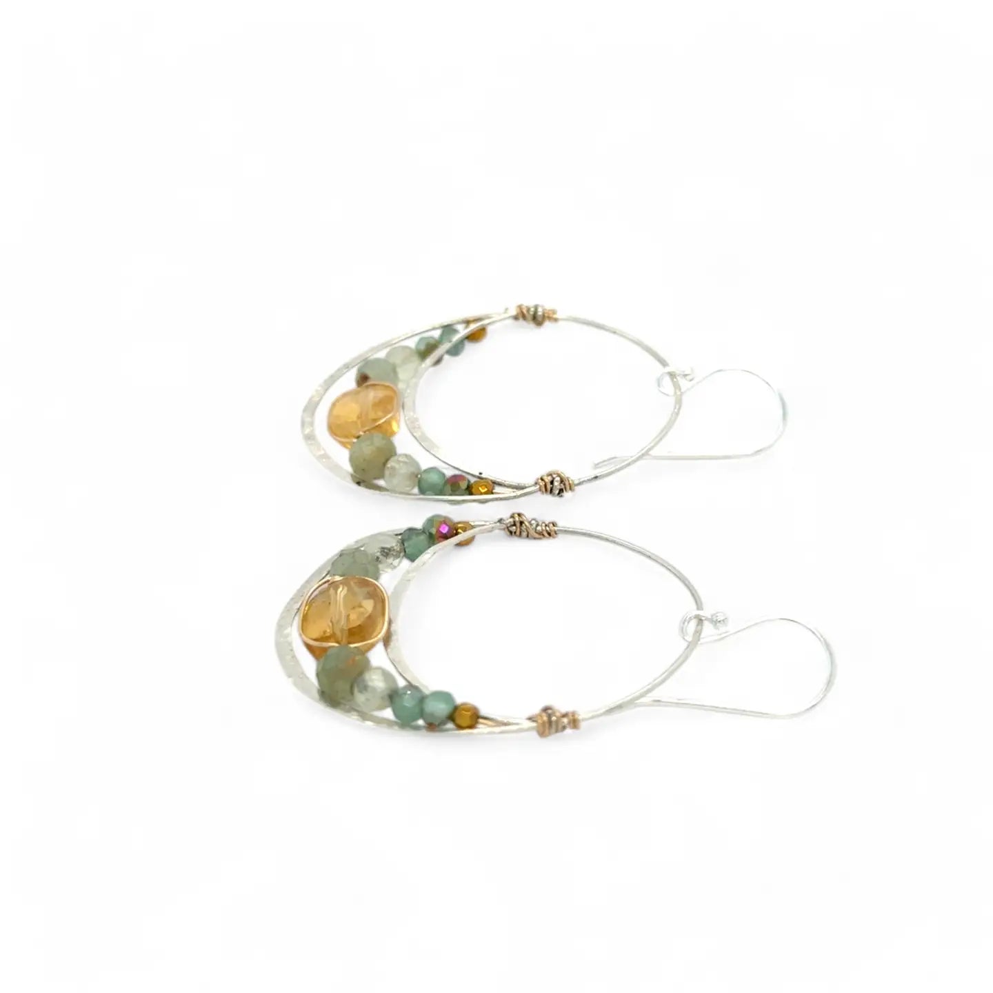 handmade hammered sterling silver moon hoop earrings with a channel with with citrine, prehnite, labradorite and crystal gemstones