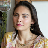 handmade hammered sterling silver moon hoop earrings with a channel with with citrine, prehnite, labradorite and crystal gemstones