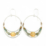 handmade hammered sterling silver moon hoop earrings with a channel with with citrine, prehnite, labradorite and crystal gemstones