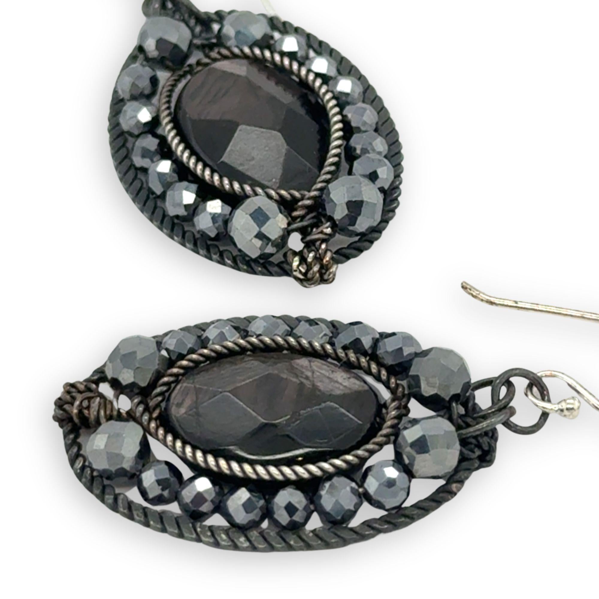 darkened sterling twist oval earrings with hypersthene ovals and pyrite faceted gemstones
