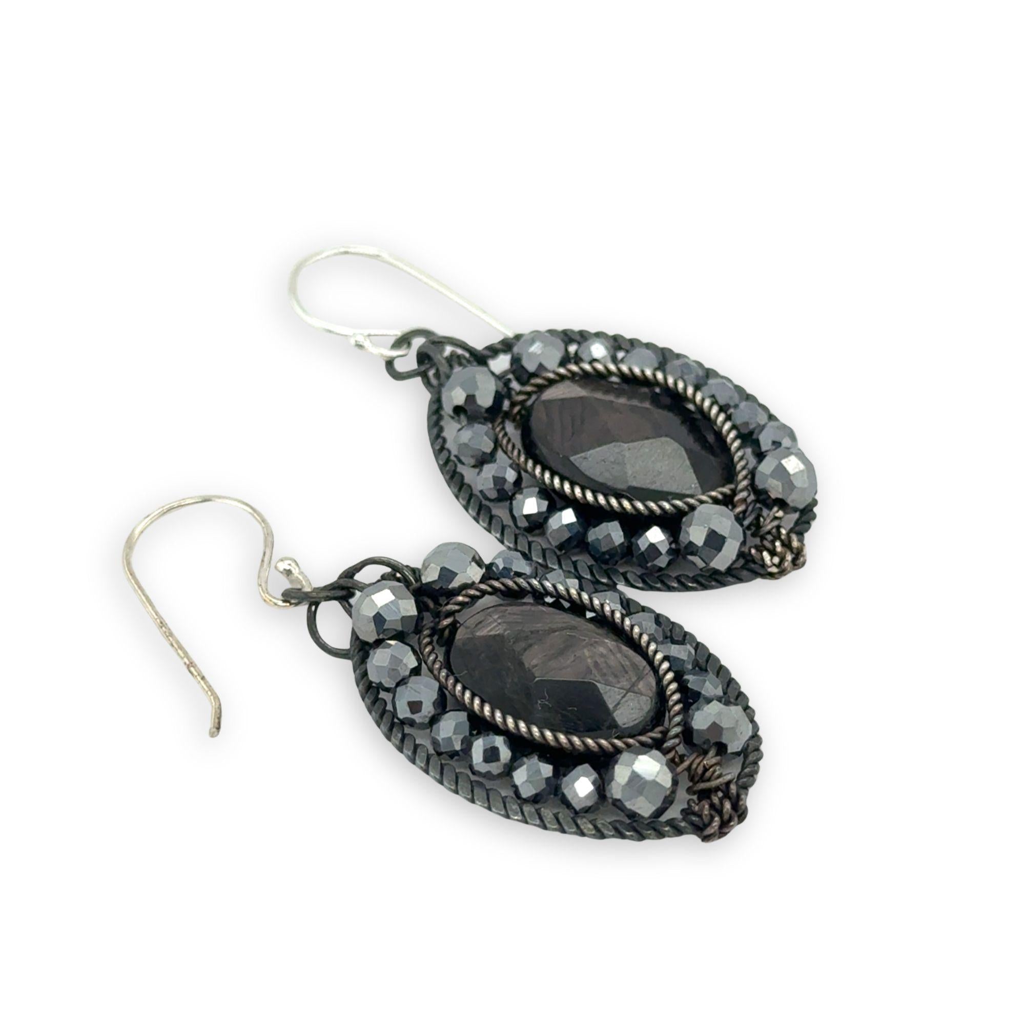 darkened sterling twist oval earrings with hypersthene ovals and pyrite faceted gemstones